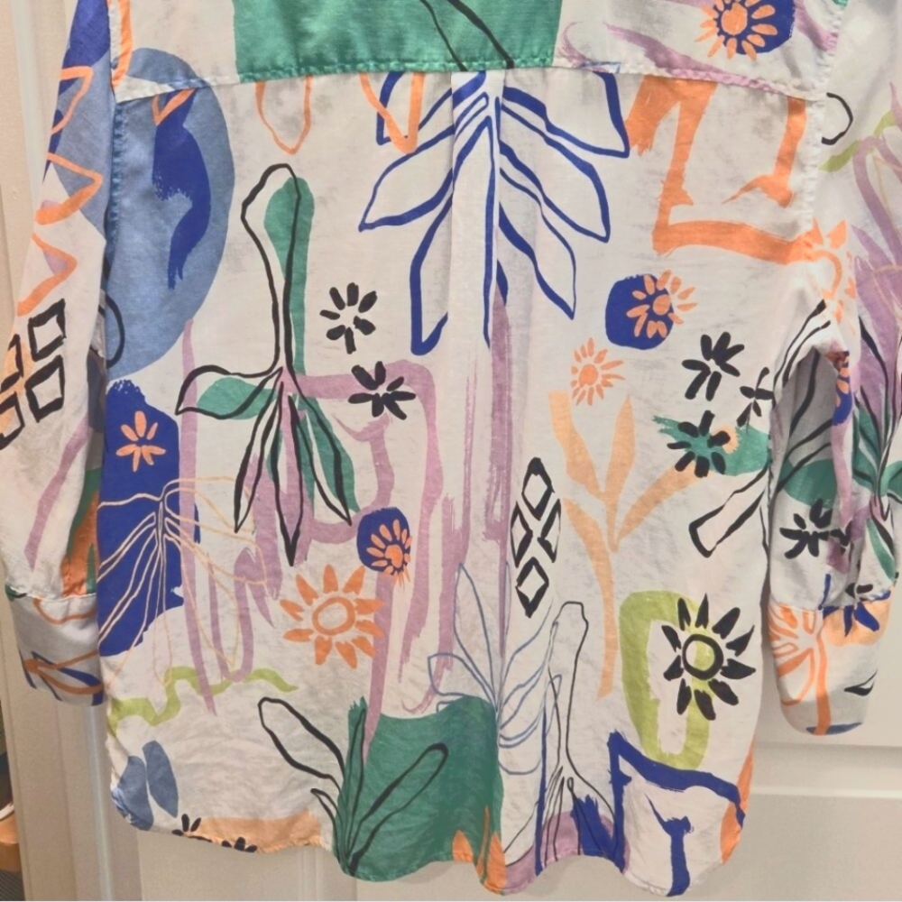 Chico's Flower Graphic No Iron Linen Shirt XL/16 - Picture 3 of 4
